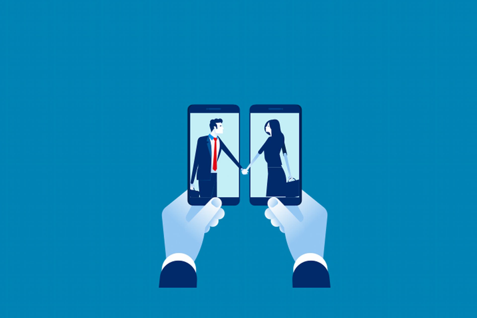 Disegno di due mani che reggono due smartphone su cui due persone si stringono la mano, simbolo della facilità di usare la firma remota con SMS.