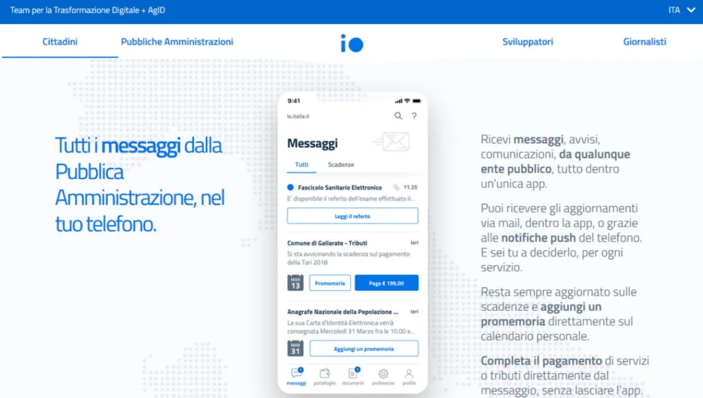 App Io, immagine del sito web con lo schermo di uno smartphone e la descrizione dei servizi disponibili