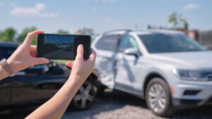 Mani femminili che reggono uno smartphone mentre scattano una foto a due veicoli che si sono urtati.