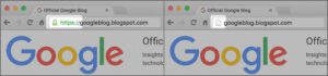Due screenshoto affiancati di Google, prima e dopo l'adozione di https per Blogspot.