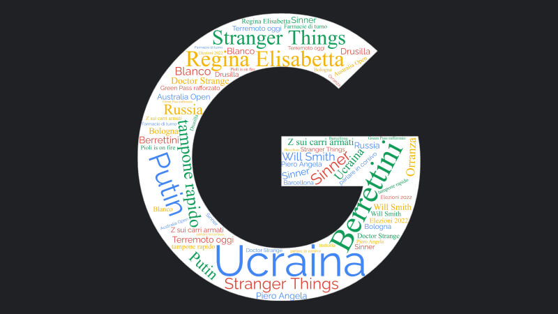 Una G grande con dentro tante parole colorate, per indicare le parole più cercate su Google nel 2022