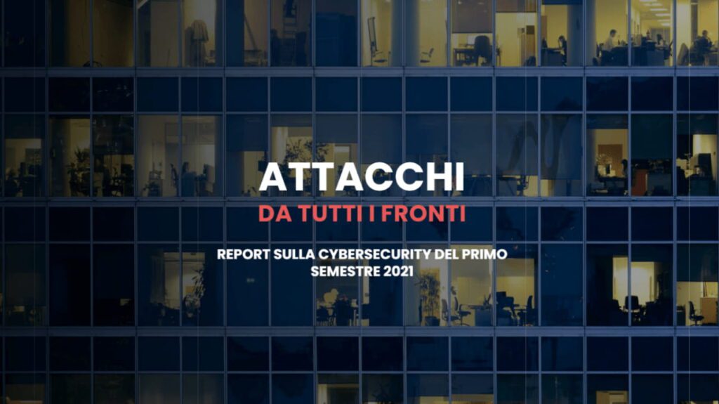 Facciata di un grattacielo e la scritta "attacchi su tutti i fronti", titolo del rapporto Trend Micro.